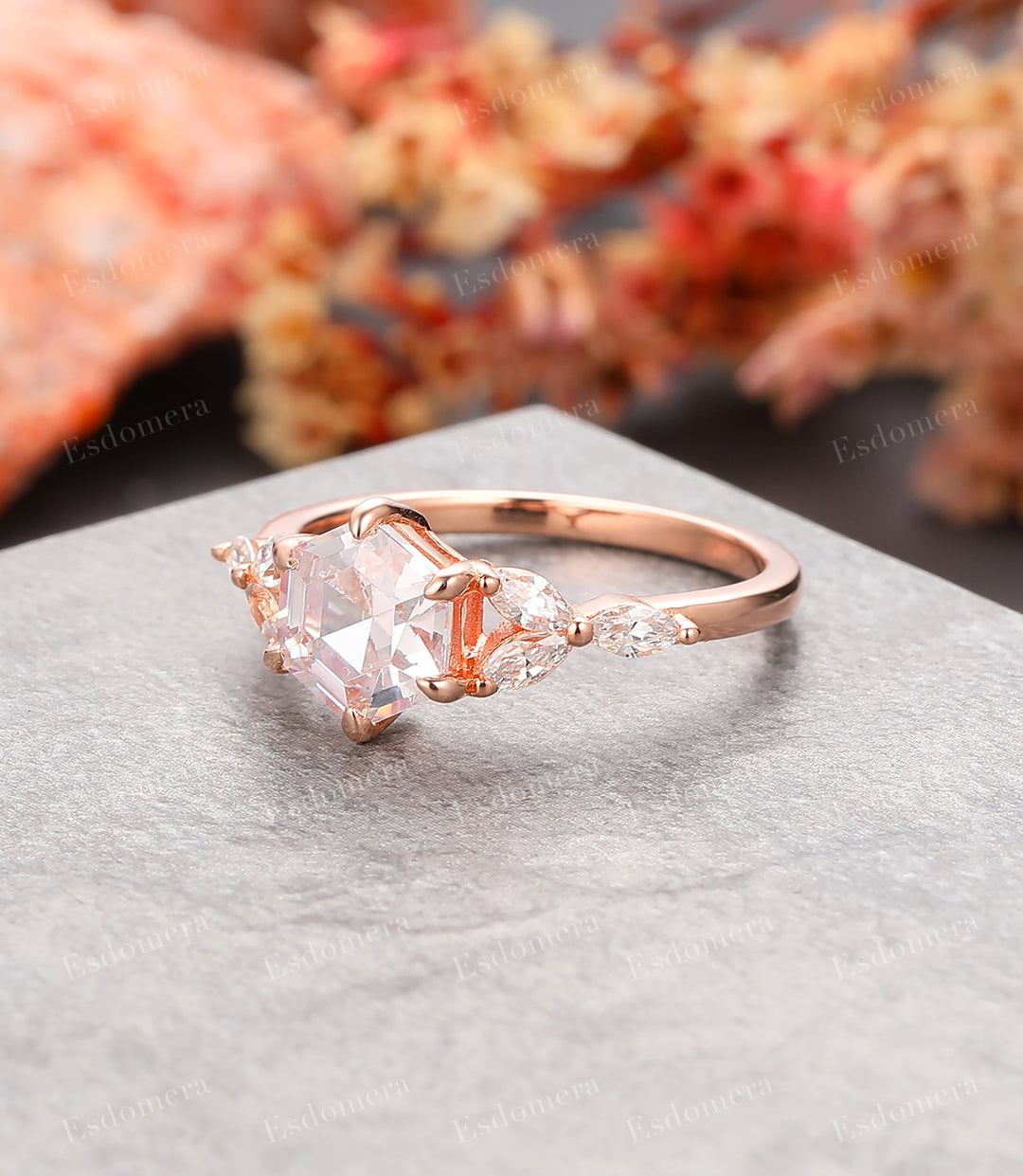 1.35CT Hexagon Cut Moissanite Promise Ring For Women, 14k Rose Gold Engagement Ring, Valentine Ring For Lover