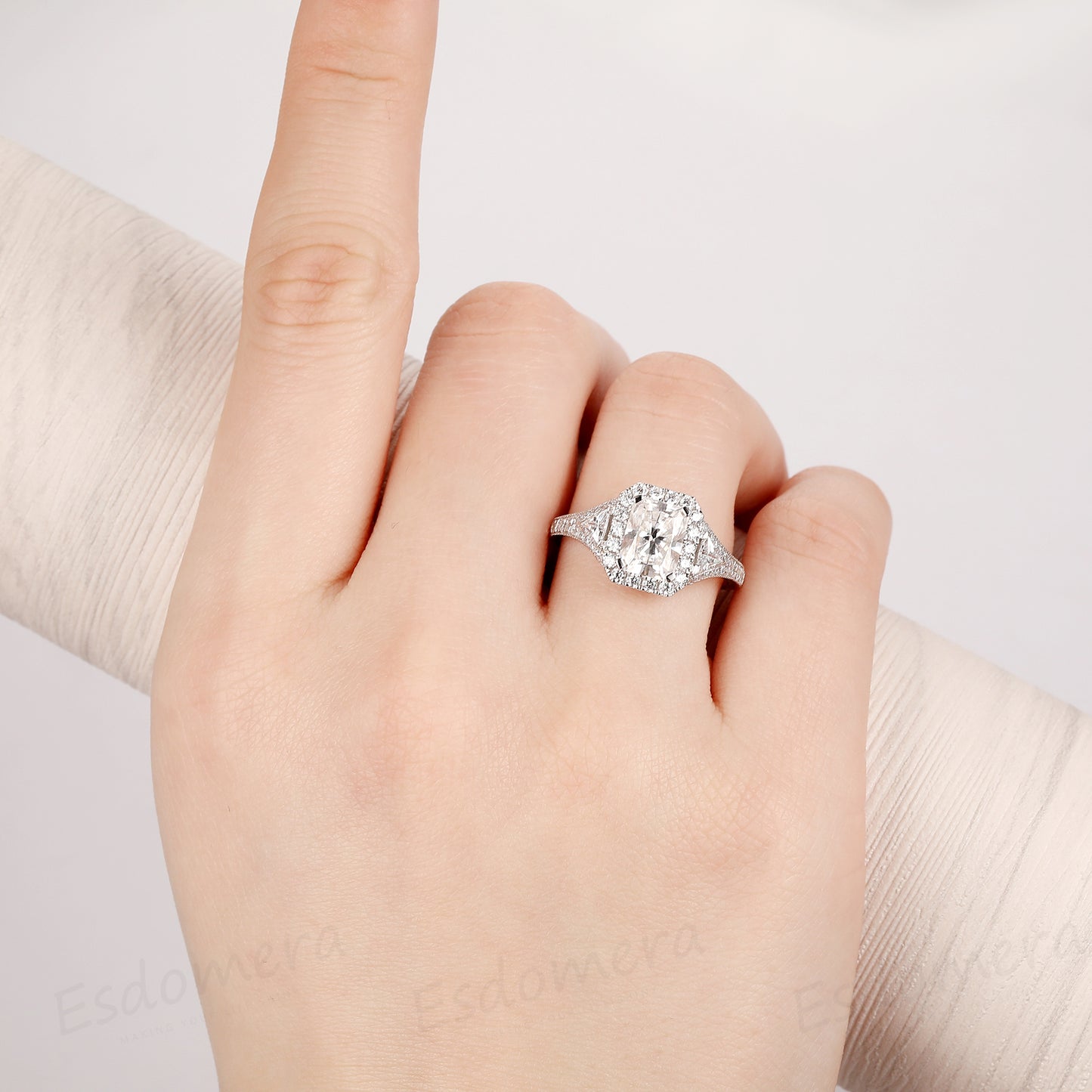 2CT Radiant Cut Moissanite Ring,  Halo Moissanite Ring, 14k White Gold Engagement Ring