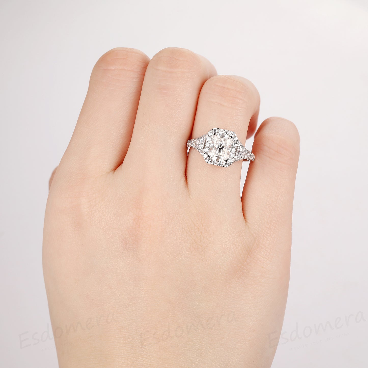 2CT Radiant Cut Moissanite Ring,  Halo Moissanite Ring, 14k White Gold Engagement Ring