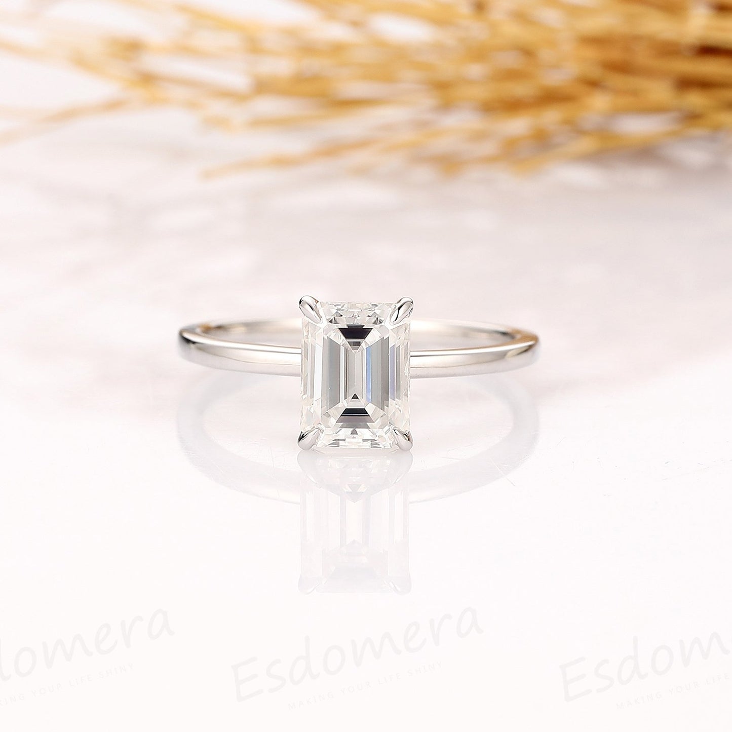2CT Emerald Cut Moissanite Ring, 14k Solid White Gold Engagement Ring, Classic Ring Design