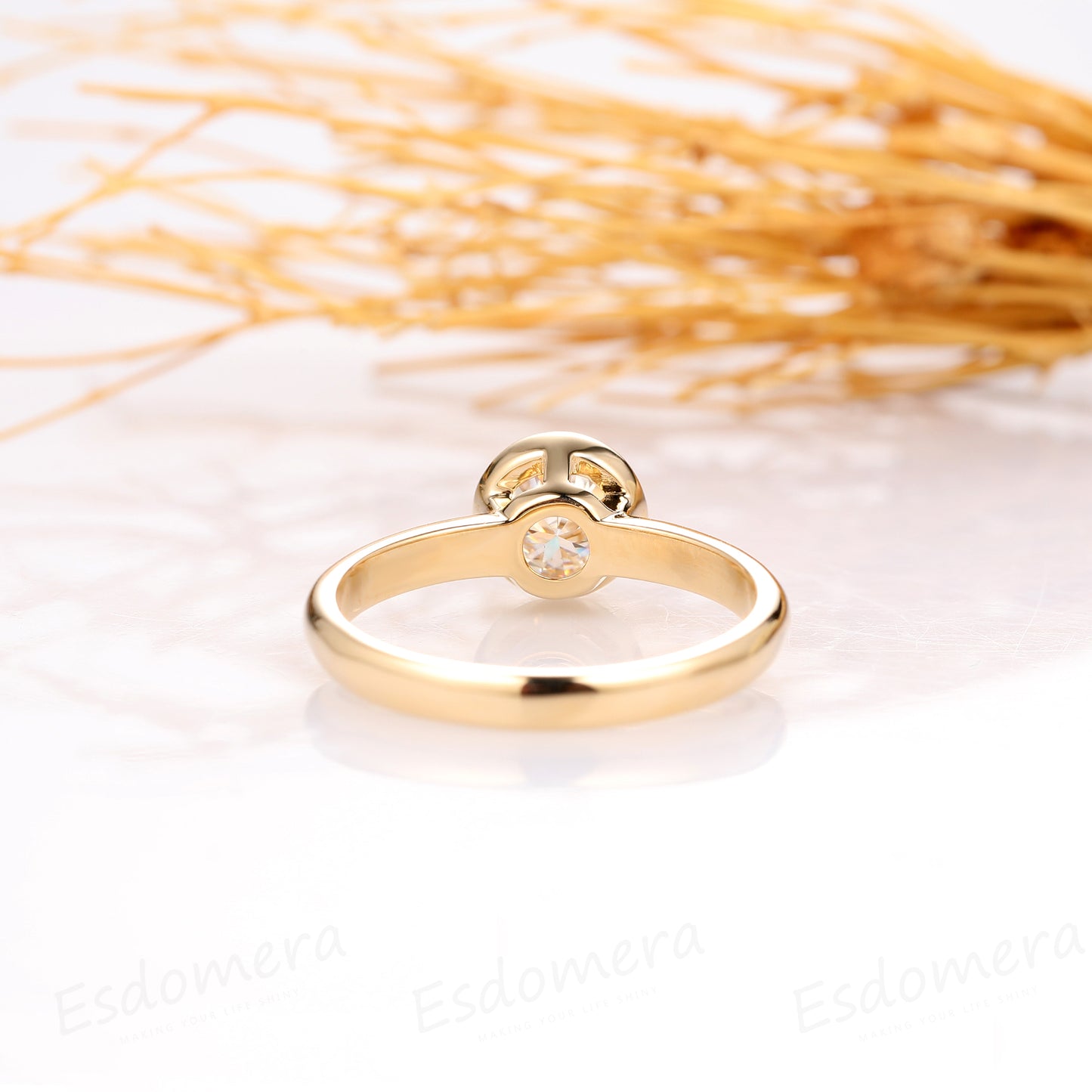 Bezel Set 0.8CT Round Moissanite Ring, Solitaire 14k Gold Ring