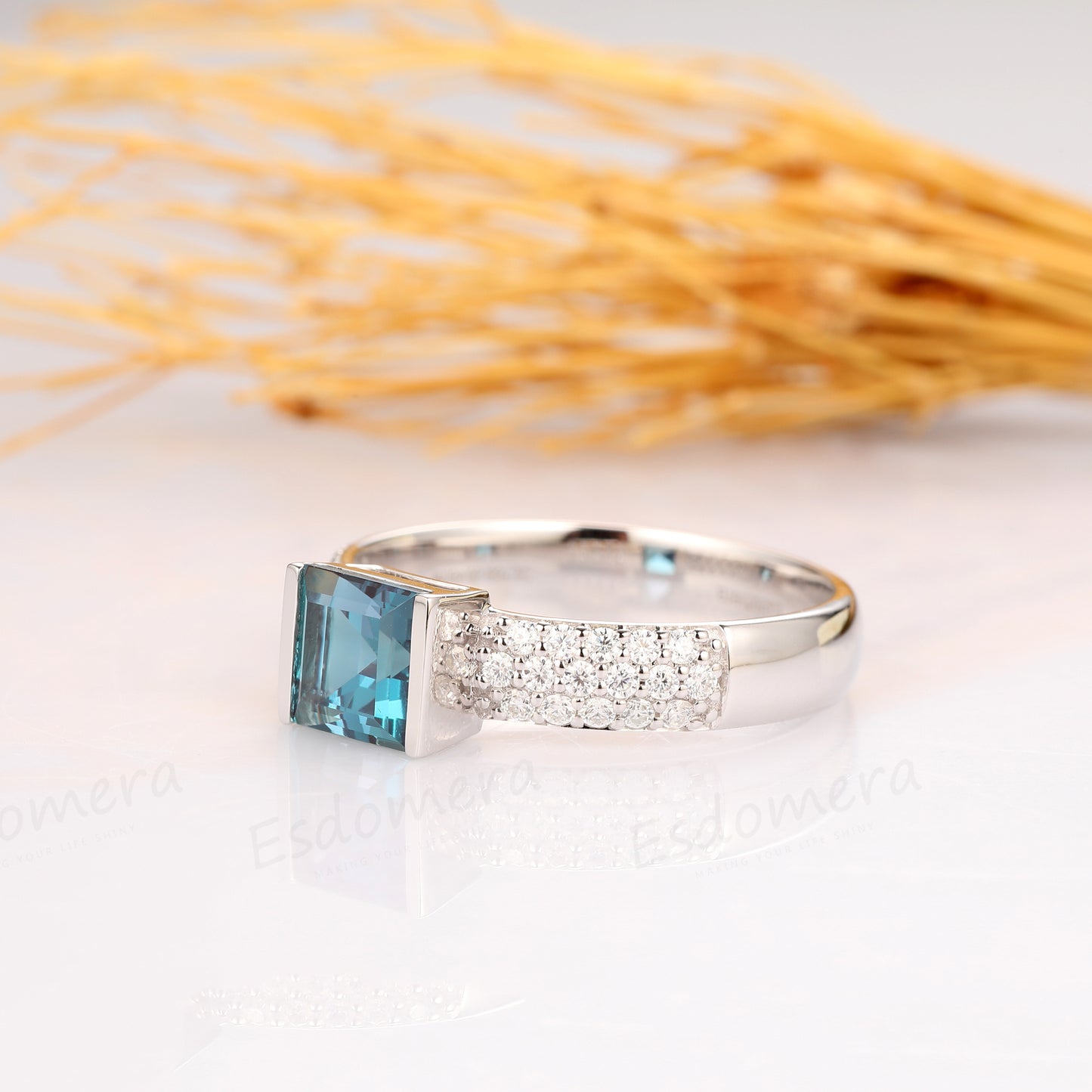 Princess Cut 7mm Alexandrite Wedding Ring, Wide Band 14k White Gold Ring