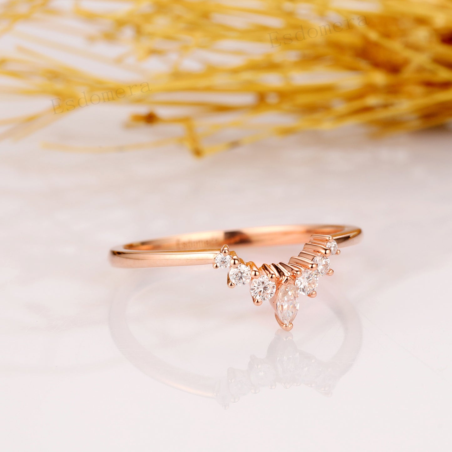 Delicate Moissanite Wedding Band, Special Design Matching Ring, Solid 14K Rose Gold Wedding Ring