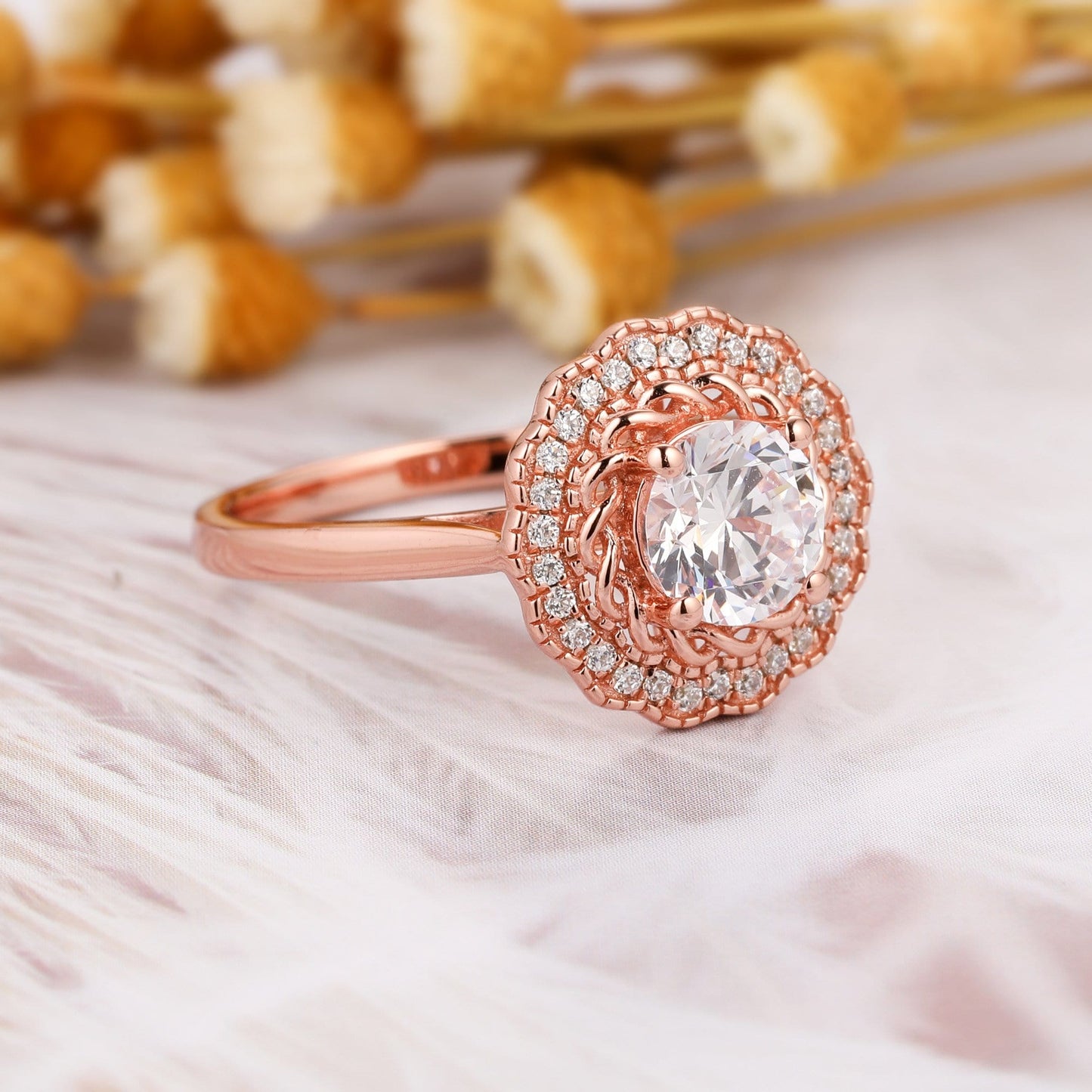 Art Deco 14k Gold Promise Ring, 1.0CT Round Cut Moissanite Engagement Ring