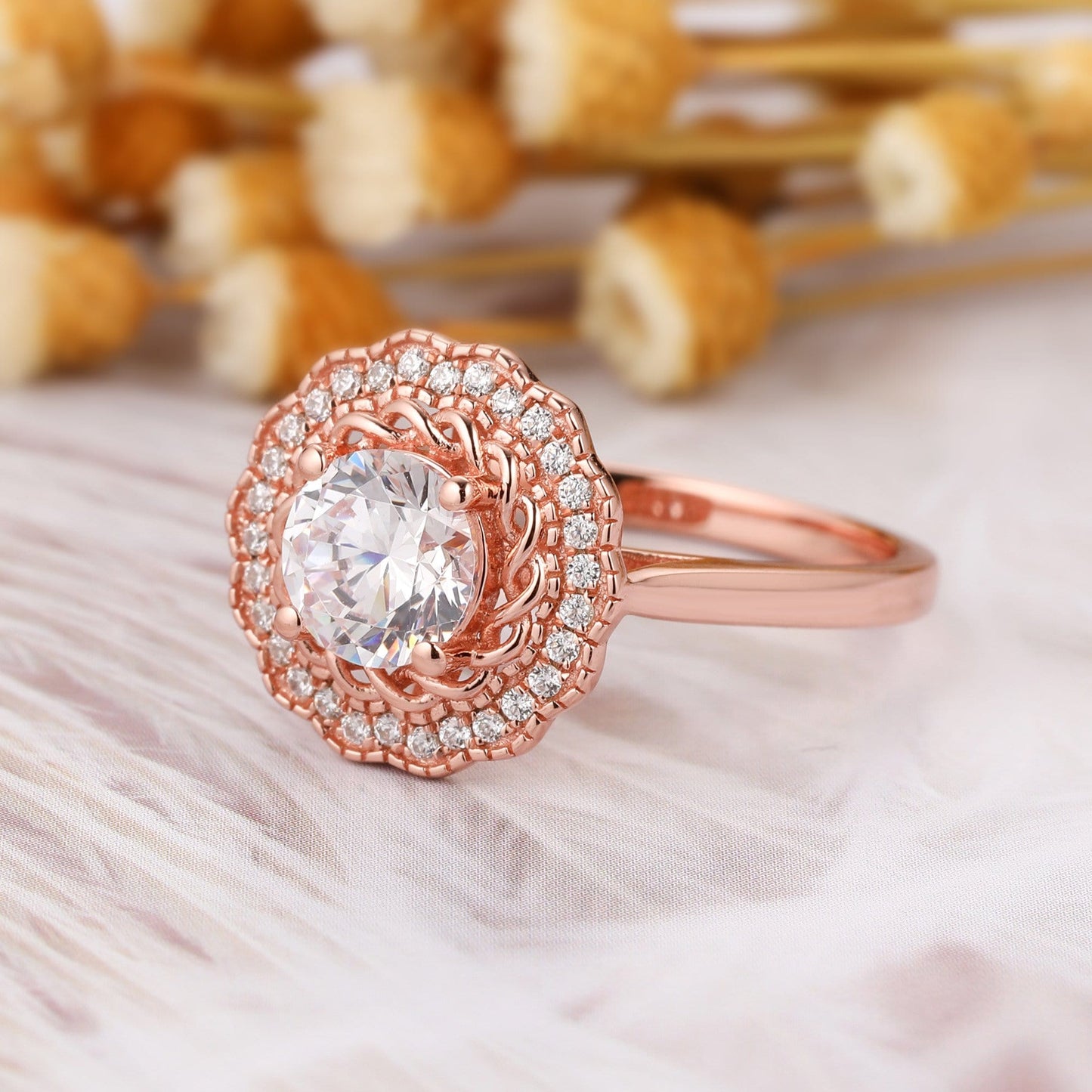 Art Deco 14k Gold Promise Ring, 1.0CT Round Cut Moissanite Engagement Ring