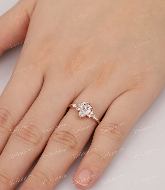 Unique Moissanite Cluster Ring, Pear Cut 1.5CT Moissanite Engagement Ring For Fiancee