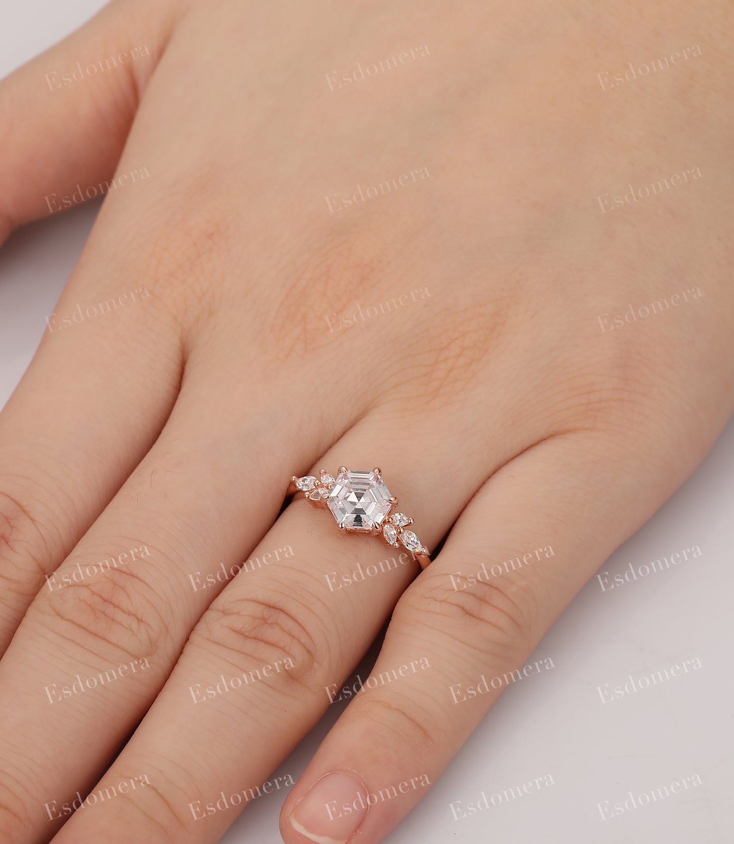 Vintage Unique Marquise Moissanite Cluster Ring, Hexagon Cut 7mm Moissanite Engagement Ring