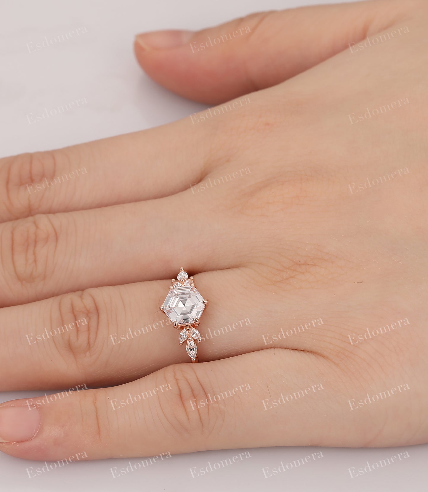 Vintage Unique Marquise Moissanite Cluster Ring, Hexagon Cut 7mm Moissanite Engagement Ring