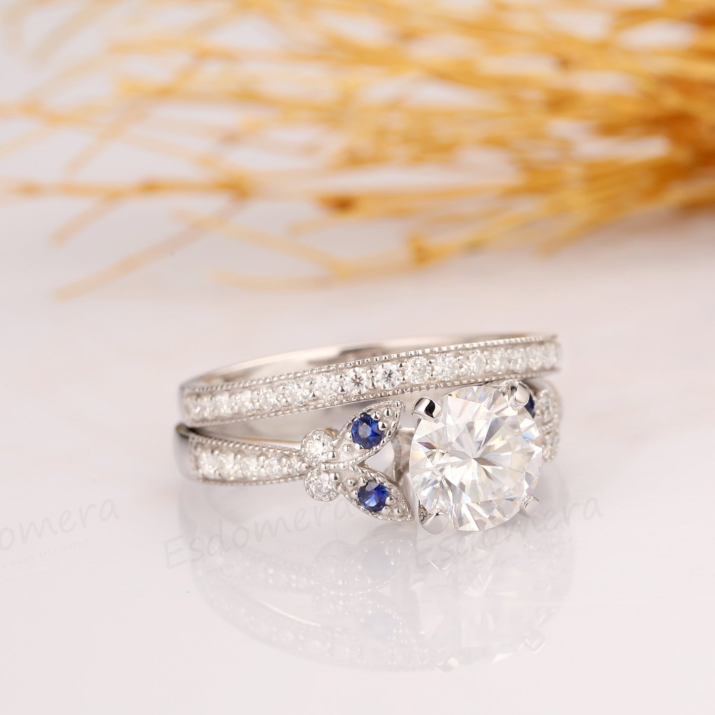 Bridal Set, Round 2ct Moissanite Ring, Filigree Style Blue Sapphire Ring