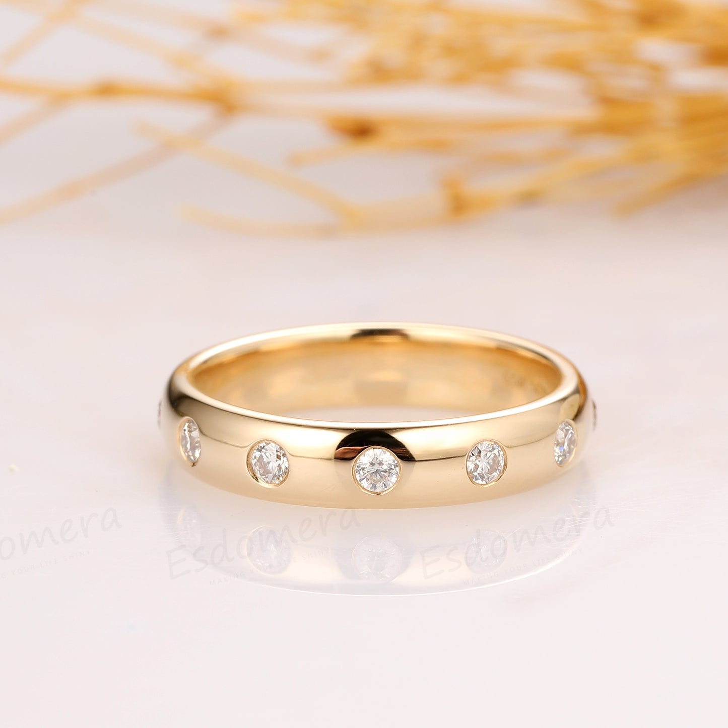 Solid 14K Yellow Gold Moissanite Wedding Band, Brilliant Moissanite Accents Ring