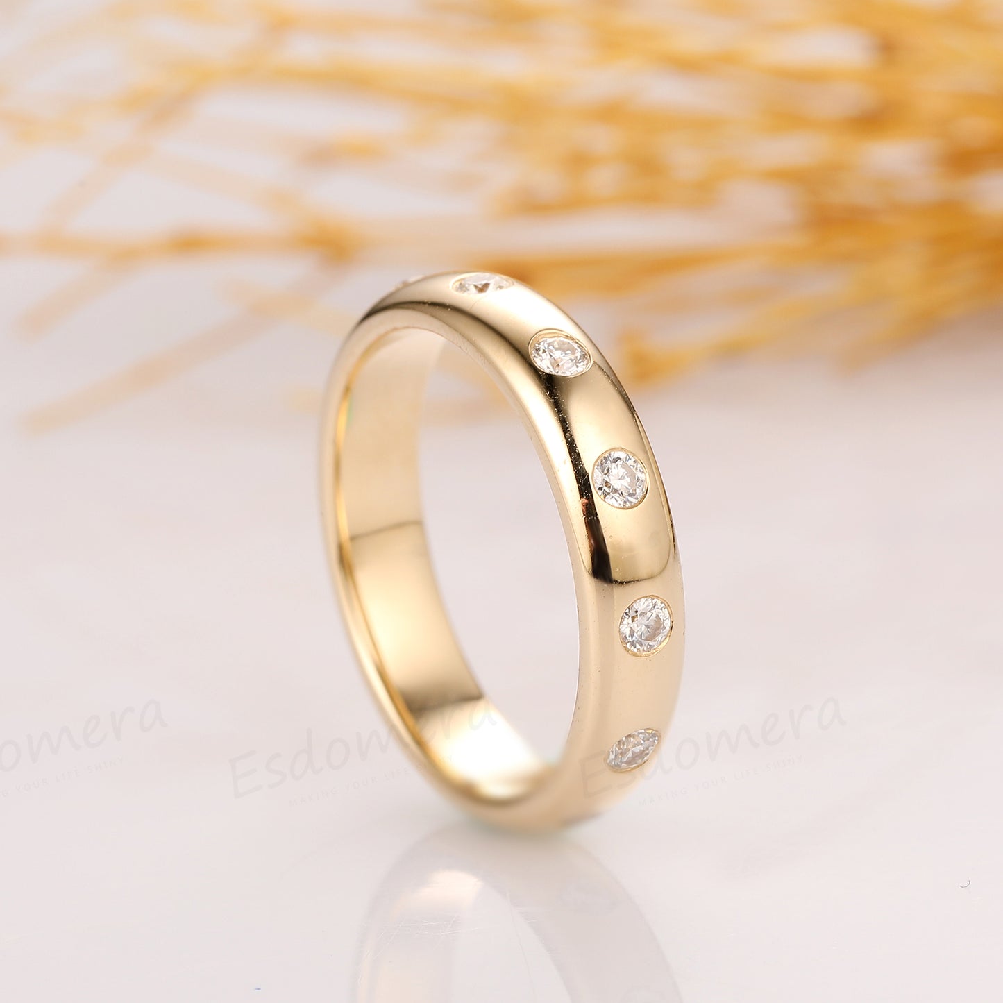 Solid 14K Yellow Gold Moissanite Wedding Band, Brilliant Moissanite Accents Ring