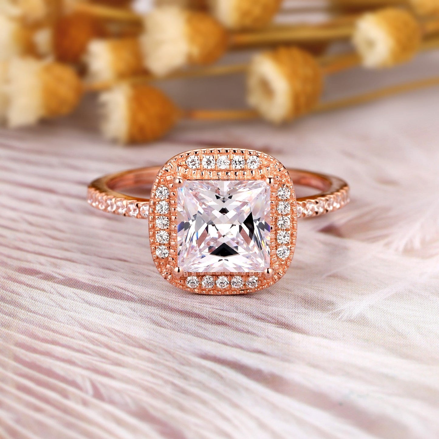 Princess Cut 2CT Moissanite Wedding Ring, 14k Gold Pave Setting Engagement Ring