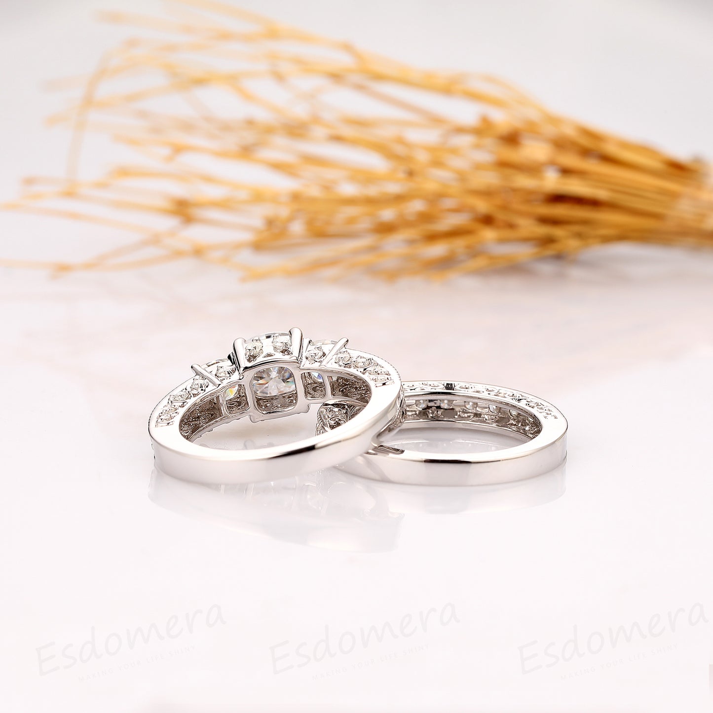 Cushion Cut 1.1ct Moissanite Ring, 3 Stone Wedding Ring, Bridal Set