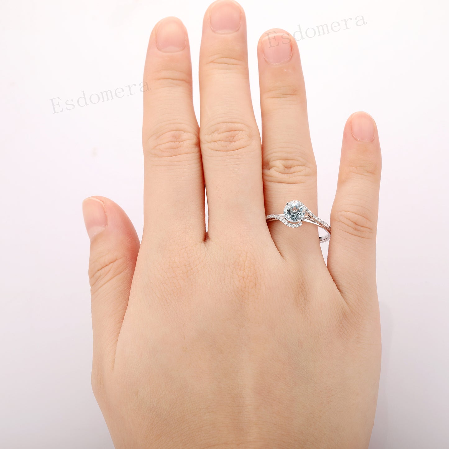 Aquamarine Ring, Round Cut 6.5mm Aquamarine Ring, Pave Set Accents Ring, 14k Rose Gold Engagement Ring