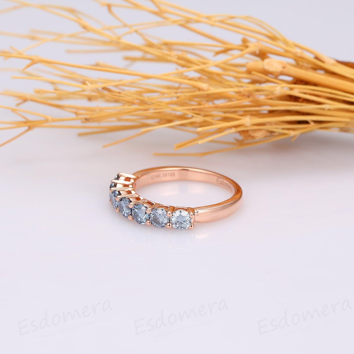 Unique 7 Stone Gray Moissanite Wedding Band, 14K Rose Gold Engagement Ring