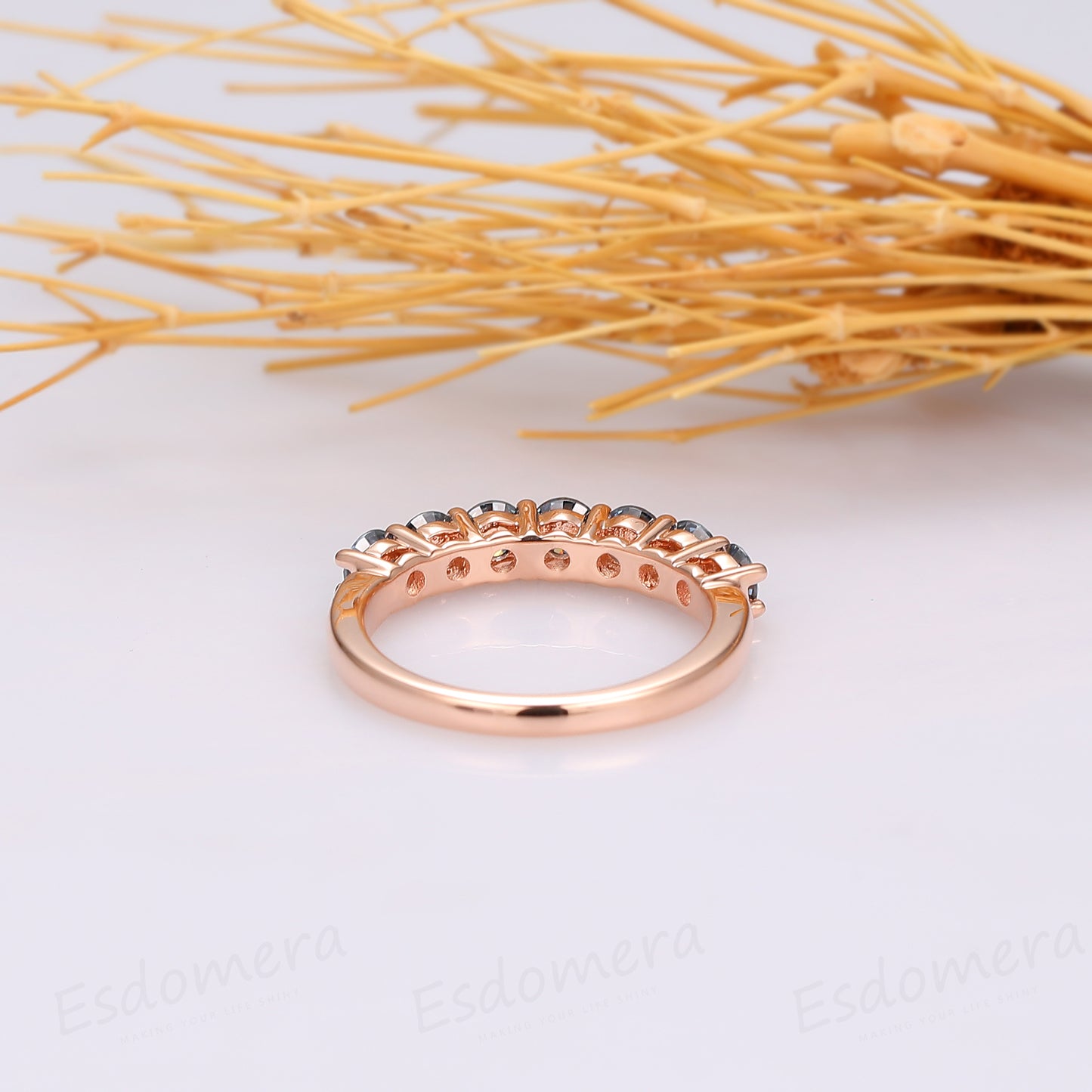Unique 7 Stone Gray Moissanite Wedding Band, 14K Rose Gold Engagement Ring