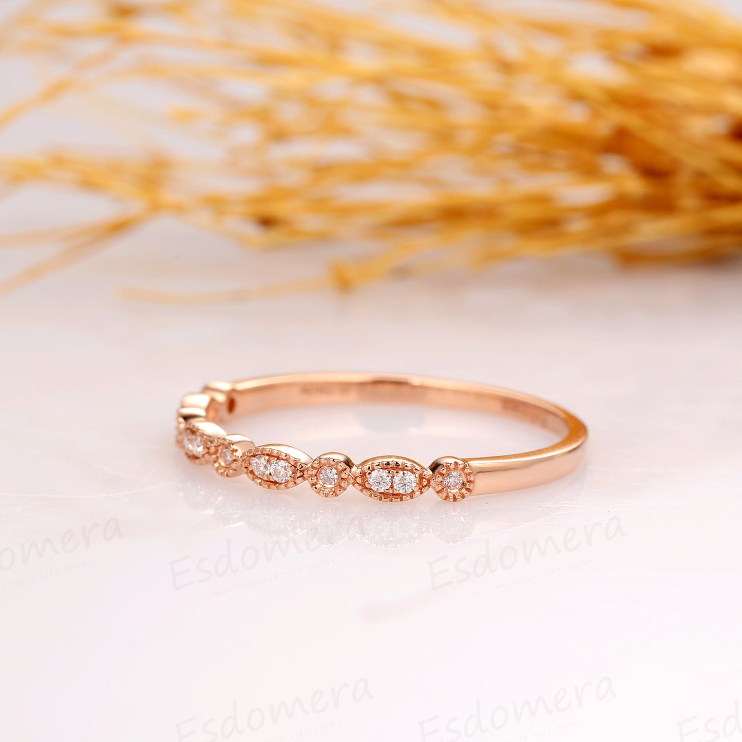 Half Eternity Pave Set Accents Moissanite Ring, 14k Rose Gold Wedding Ring