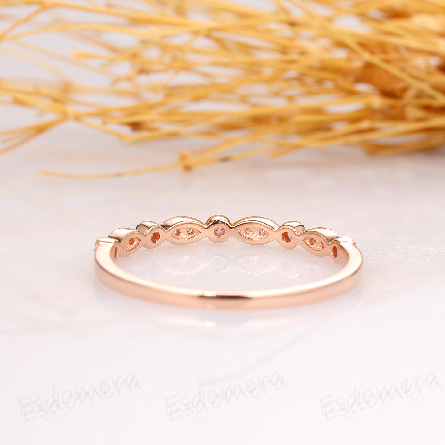 Half Eternity Pave Set Accents Moissanite Ring, 14k Rose Gold Wedding Ring