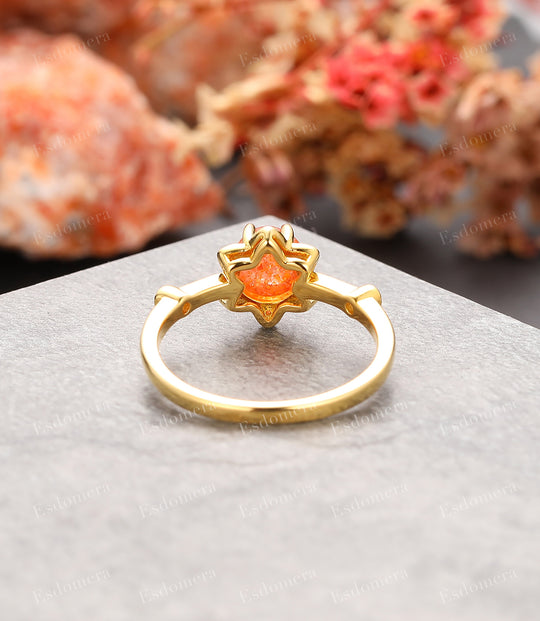 Round Cabochon Cut 6mm Sunstone Ring, Promise Engagement Ring, 14k Rose Gold Moissanite Anniversary Ring For Lover
