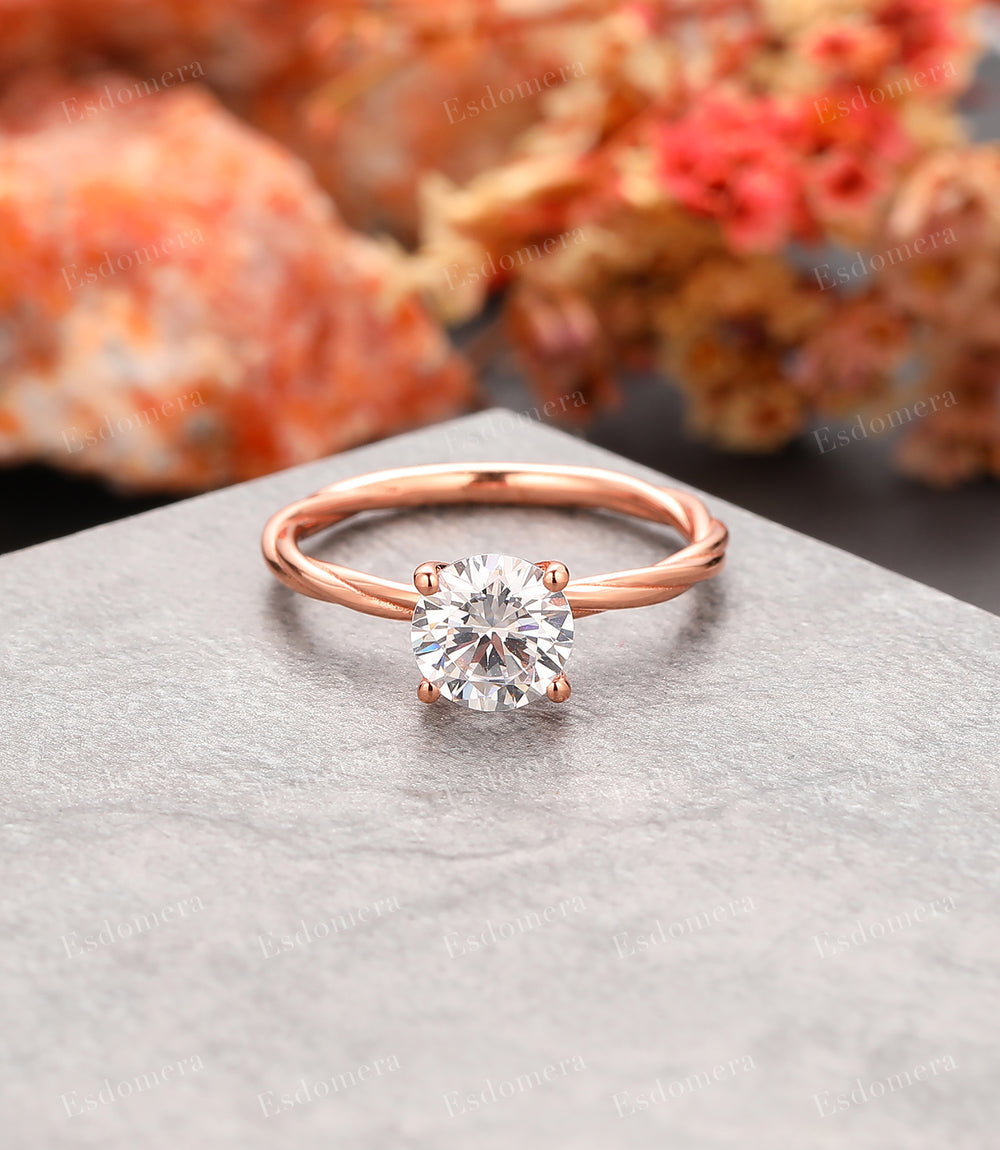 4 Prongs 1.25CT Round Cut Moissanite Engagement Ring For Women, Promise Ring For Lover, 14k Rose Gold Twist Band Solitaire Ring