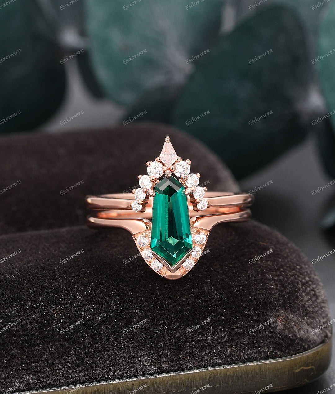 1.10CT Irregular Hexagon Emerald Engagement Ring, Crown Shaped Moissanite Stacking Band, Rose Gold Wedding Band