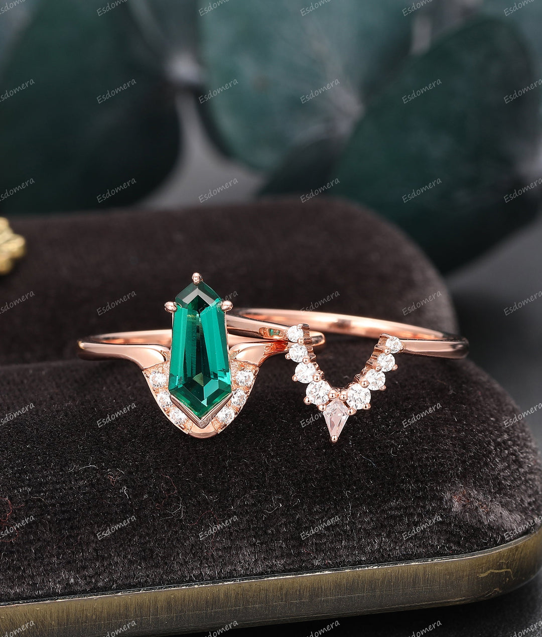 1.10CT Irregular Hexagon Emerald Engagement Ring, Crown Shaped Moissanite Stacking Band, Rose Gold Wedding Band
