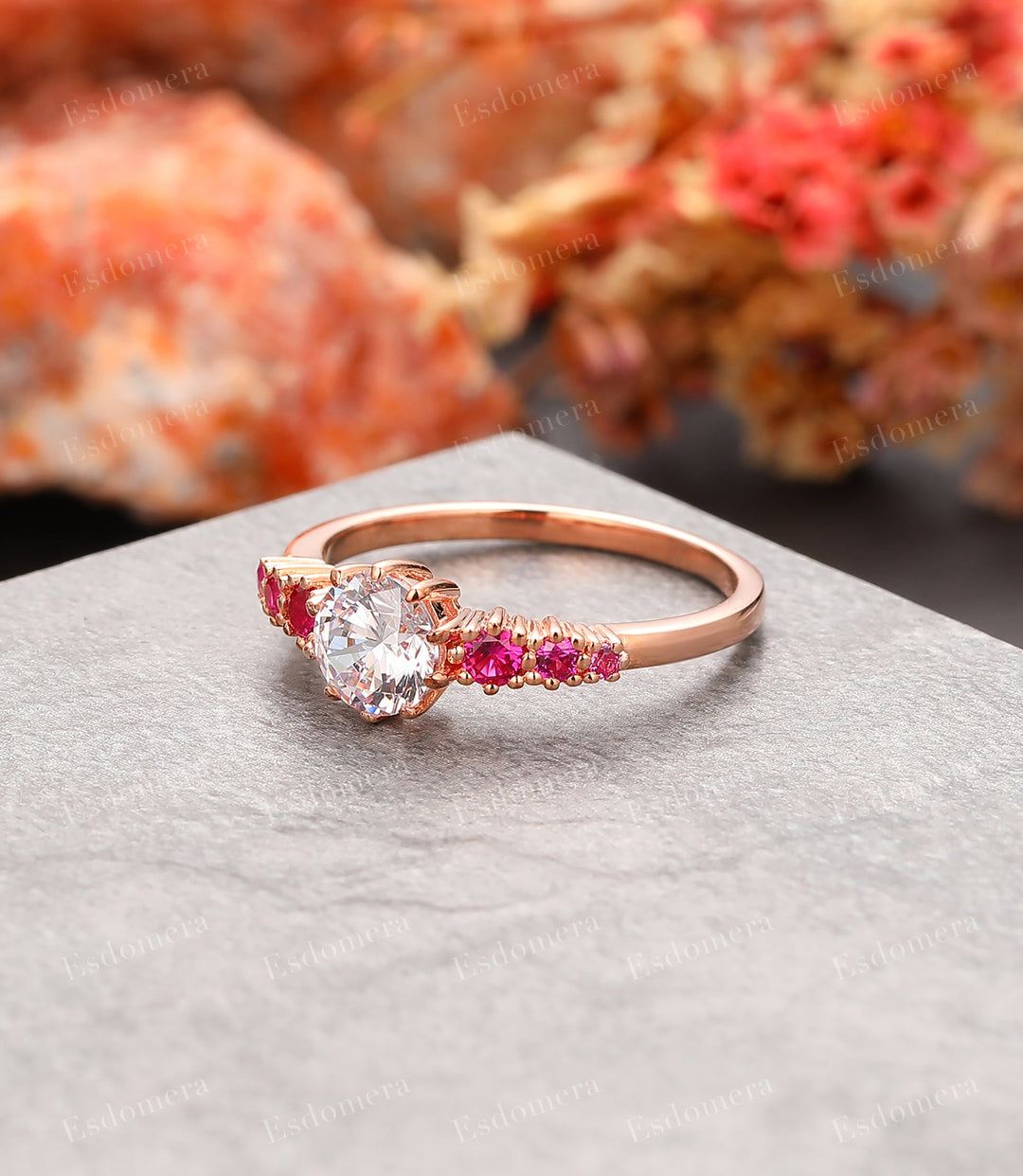 Art Deco Round Cut Moissanite Anniversary Ring For Women, Rubies Accents Promise Ring, 14k Rose Gold Engagement Ring