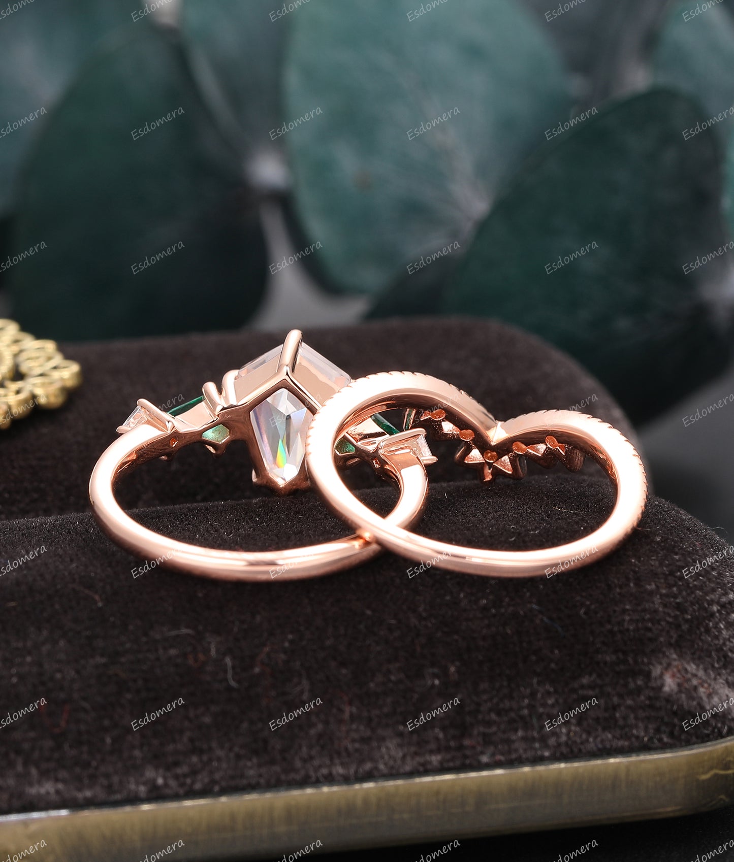 2.1CT Pointed Shield Shaped Moissanite Wedding Ring Set , Natural Black Spinel Wedding Band, Anniversary Ring Set