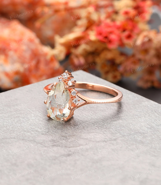 7x10mm Pear Cut Green Crystal Promise Ring For Her, Moissanites Accents Engagement Ring For Women, 14k Rose Gold Mligrain Split Shank Anniversary Ring