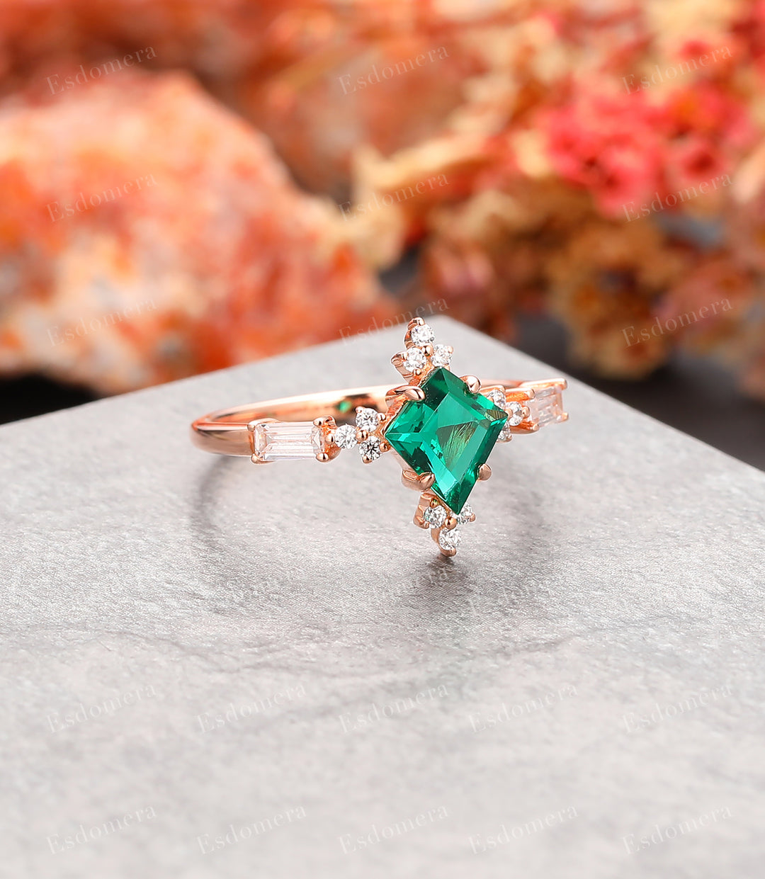 Art Deco Kite Cut 1.5CT Emerald Engagement Ring, 14K Rose Gold Moissanite Cluster Ring
