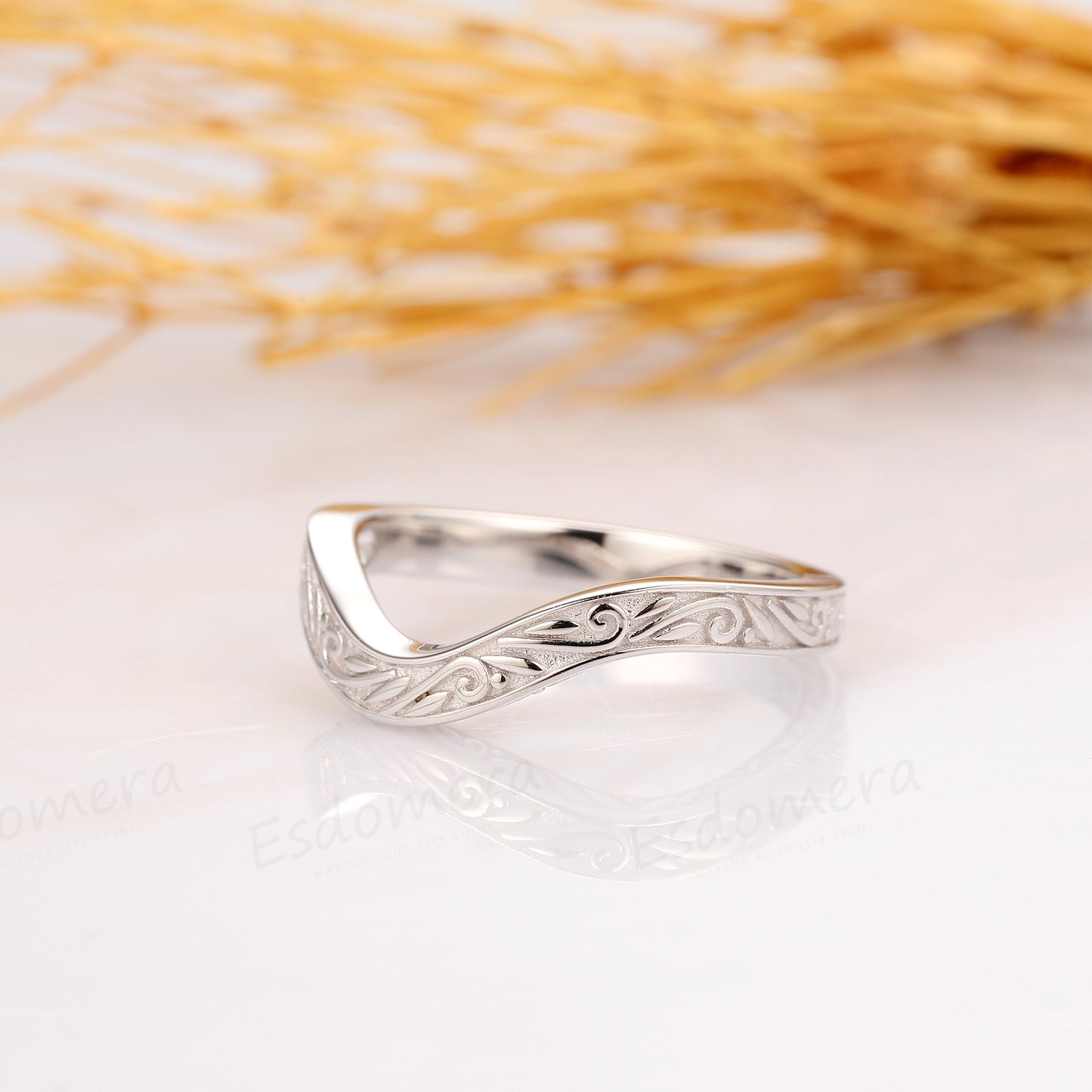 Solid 14k White Gold Wedding Band, Curved Design Matching Ring