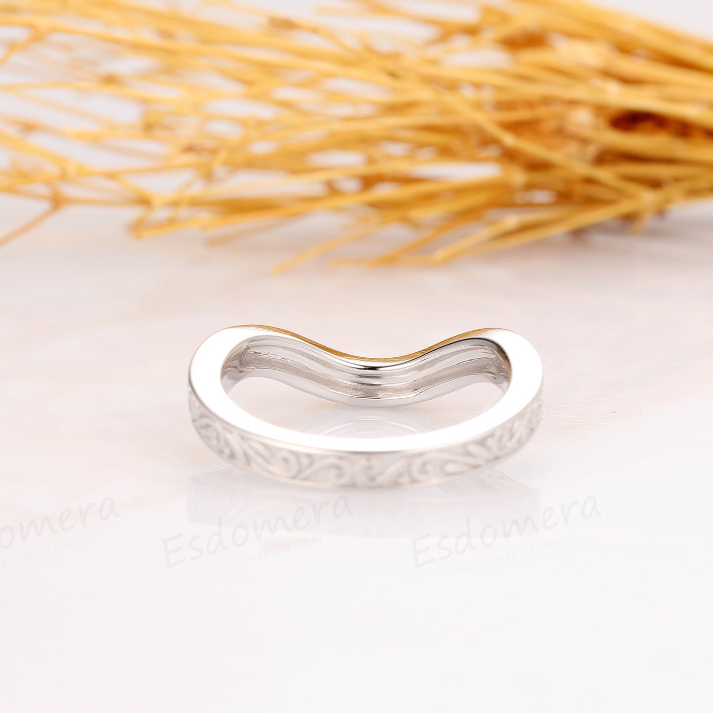 Solid 14k White Gold Wedding Band, Curved Design Matching Ring