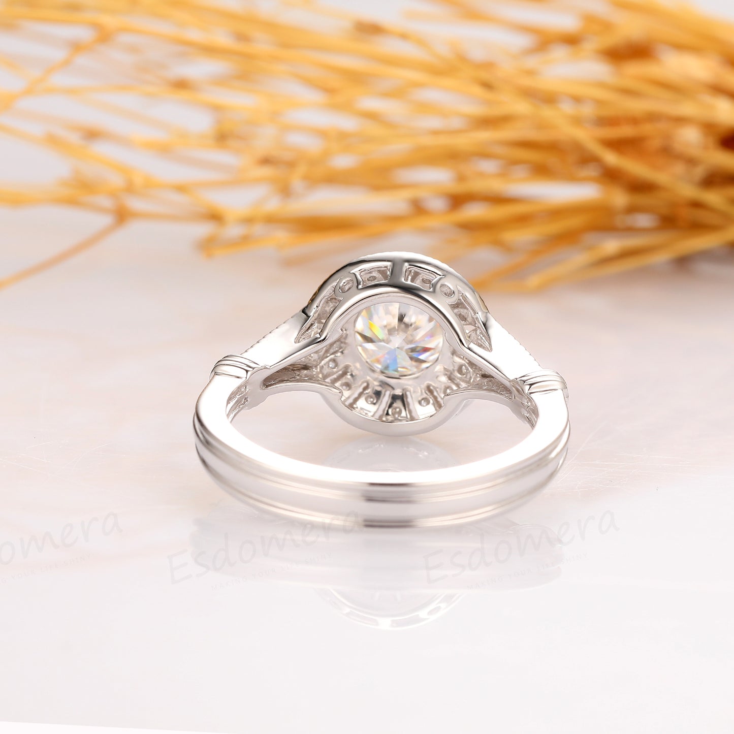 Halo Round 1 CT Moissanite Ring, Antique Filigree Milgrain Engagement Ring