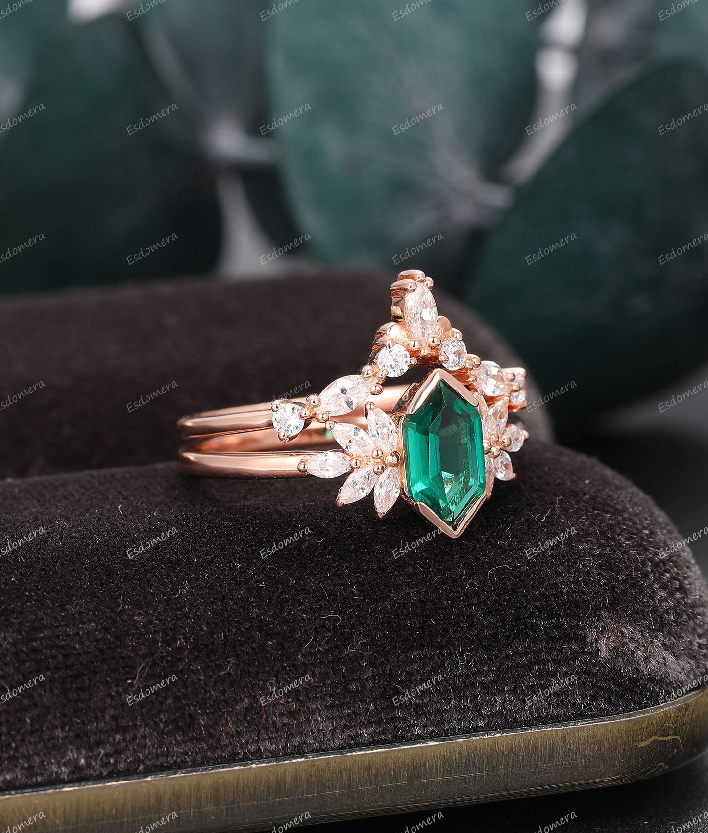 Long Hexagon Cut 5x9mm Emerald Ring Set, Moissanite Cluster Ring, 14K Rose Gold Bridal Anniversary Ring Set
