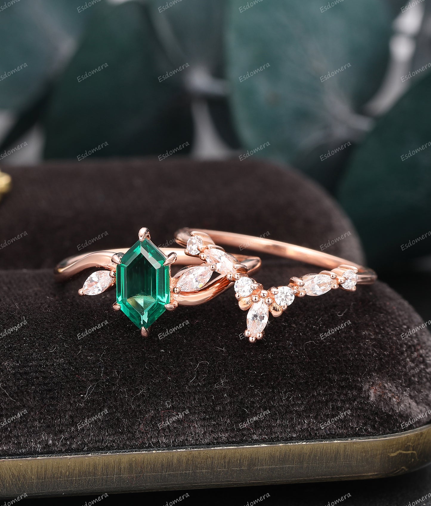 Unique Long Hexagon Cut 1.1CT Emerald Engagement Ring Set, Moissanite Curved Band Ring, 14k Rose Gold Bridal Ring Set