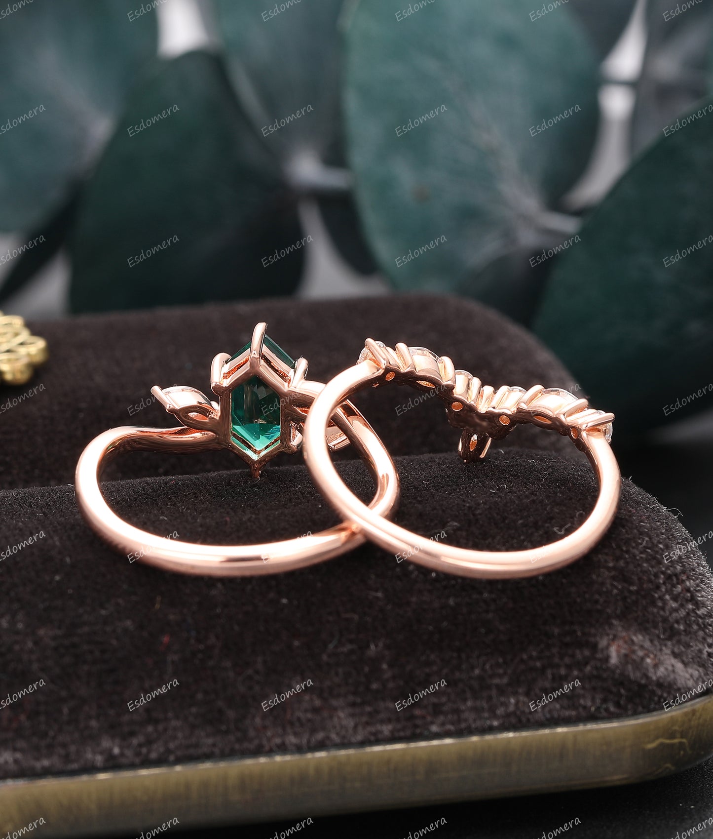 Unique Long Hexagon Cut 1.1CT Emerald Engagement Ring Set, Moissanite Curved Band Ring, 14k Rose Gold Bridal Ring Set
