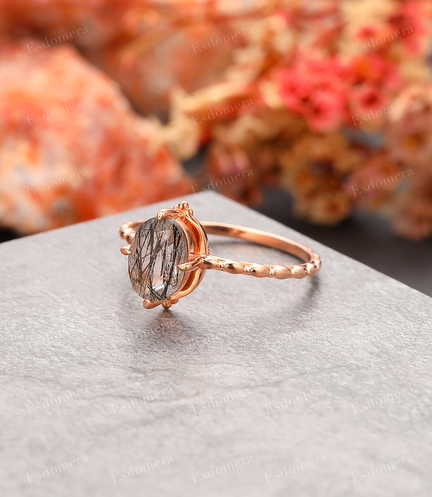 1.5CT Oval Cut 6x8mm Natural Black Rutilated Quartz Ring, 14K Gold Bridal Anniversary Ring