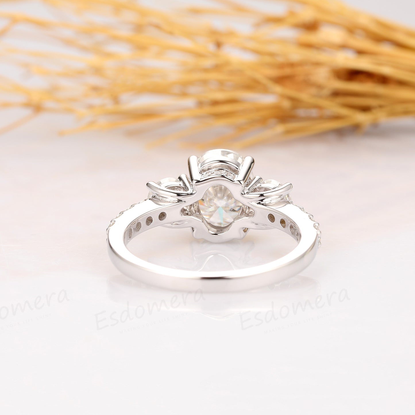 2.1CT Oval Cut Moissanite Engagement Ring, 3 Stones Wedding Ring