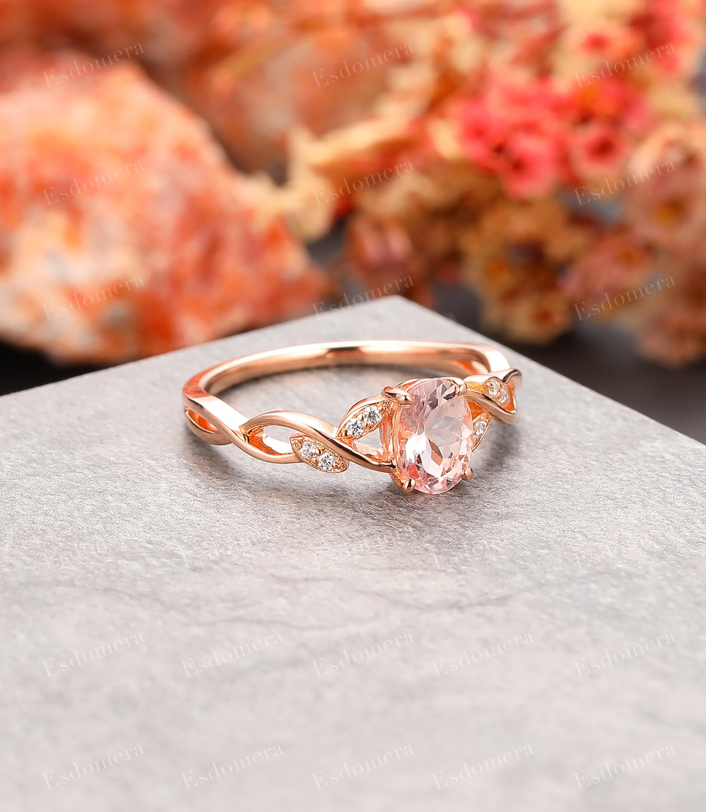 Vintage Natural Morganite Wedding Ring, 14K Gold Leaf Vine Moissanite Engagement Ring