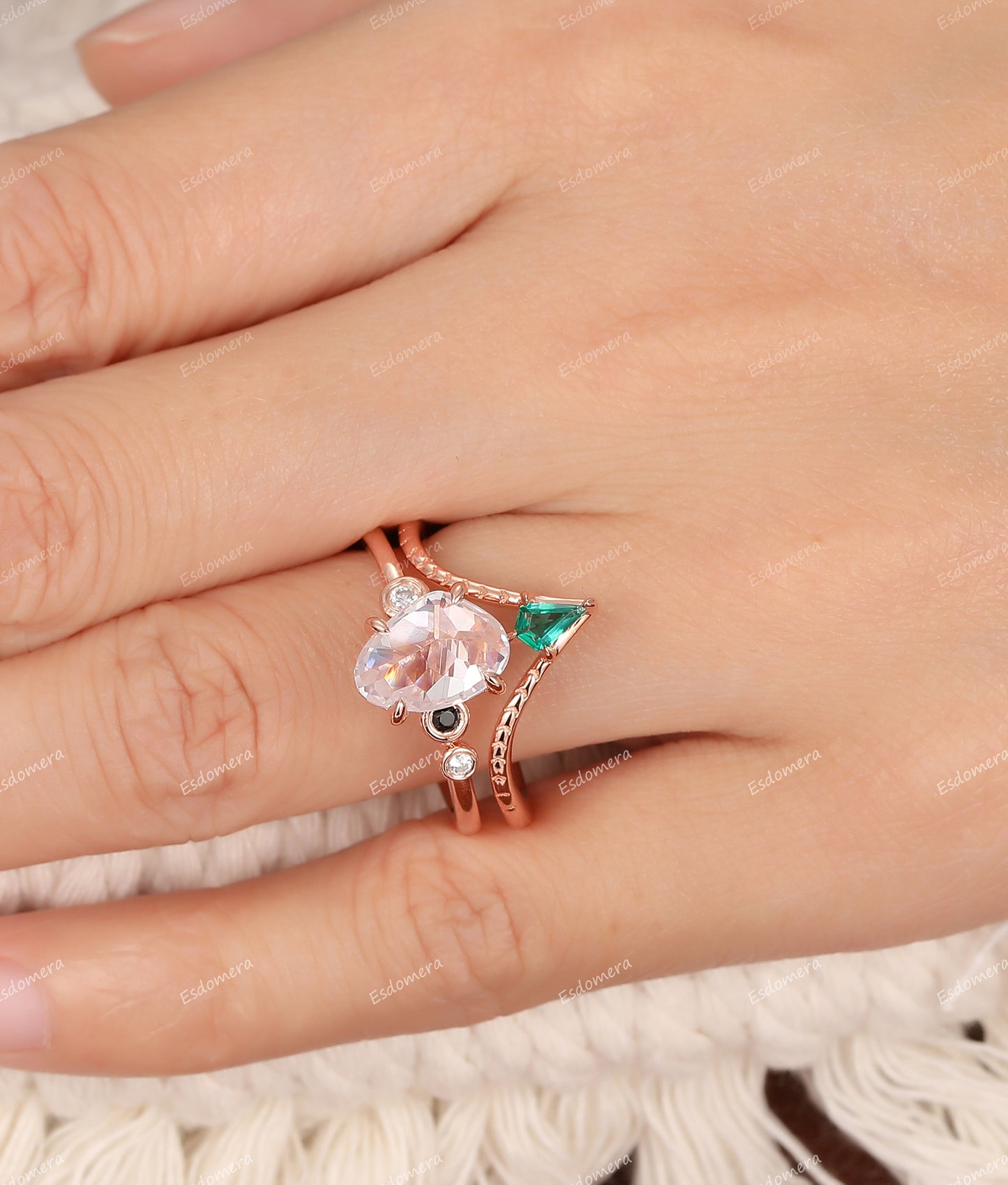 2CT Irregular Shaped Moissanite Engagement Ring, 14k Rose Gold Emerald Stacking Ring, Art Deco Bridal Ring Set