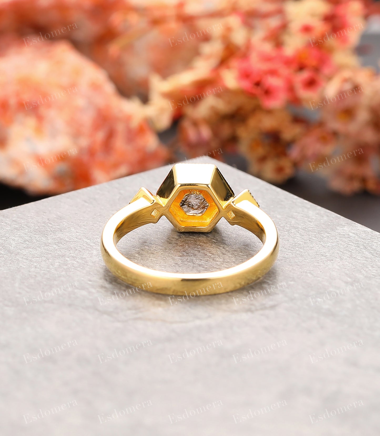 Hexagon Cut 7mm Natural Black Rutilated Quartz Bridal Ring, Moissanite Promise Ring