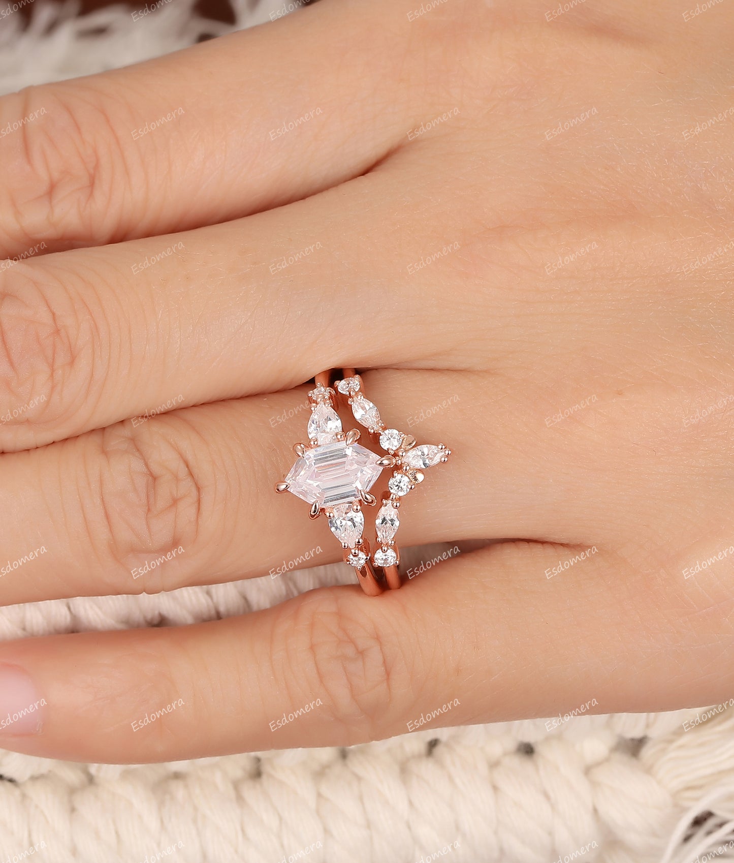 Vintage Long Hexagon Cut 5x9mm Moissanite Engagement Ring Set, Moissanite Curved Band, Art Deco Wedding Promise Ring Set