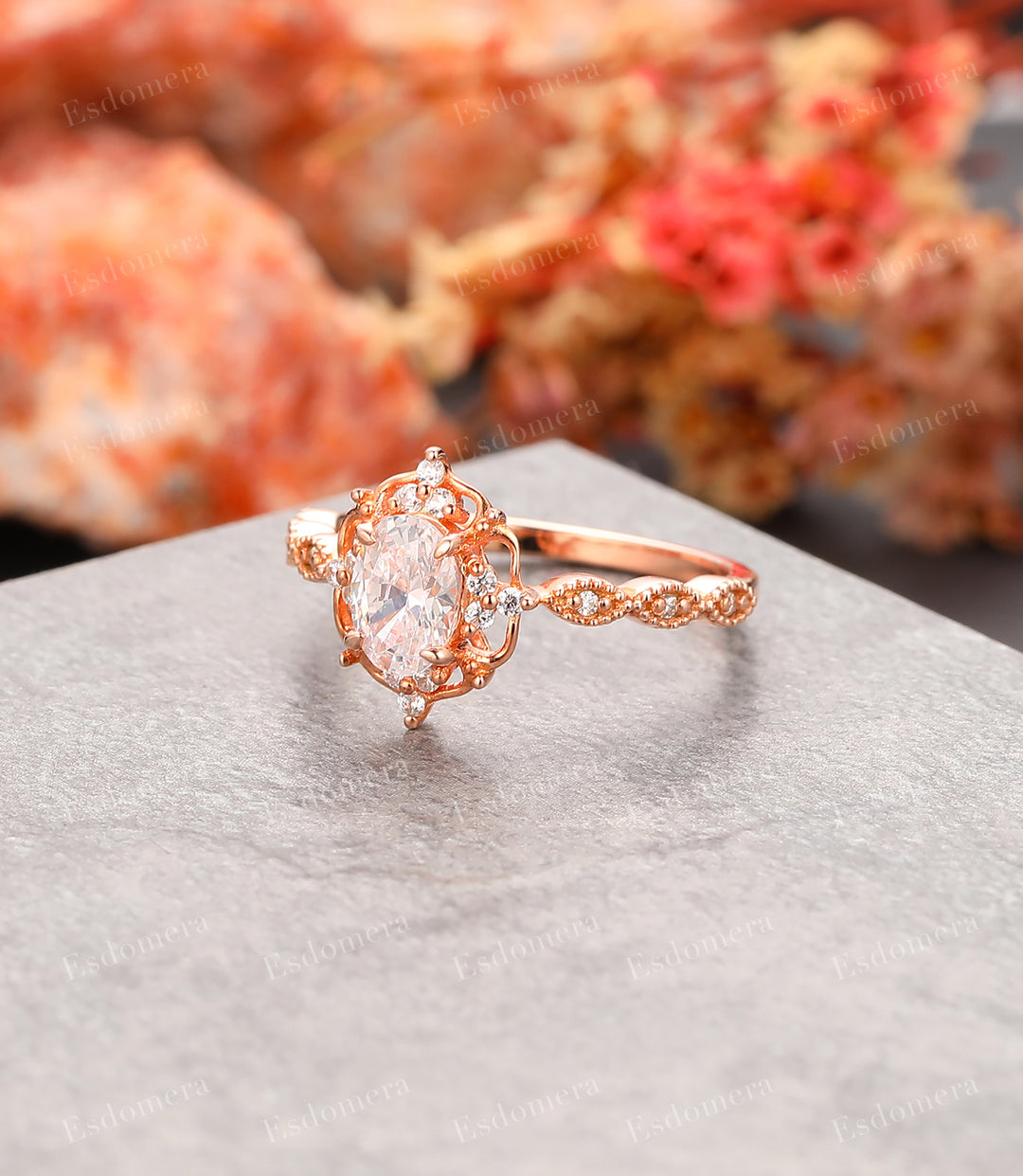 Milgrain Design Floral Ring, 1CT Oval Moissanite Wedding Promise Ring For Women