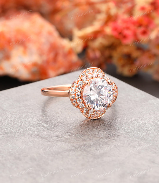 Unique Round Cut 8mm Moissanite Bridal Ring, 14k Rose Gold Halo Promise Ring For Women, Vintage Engagement Ring