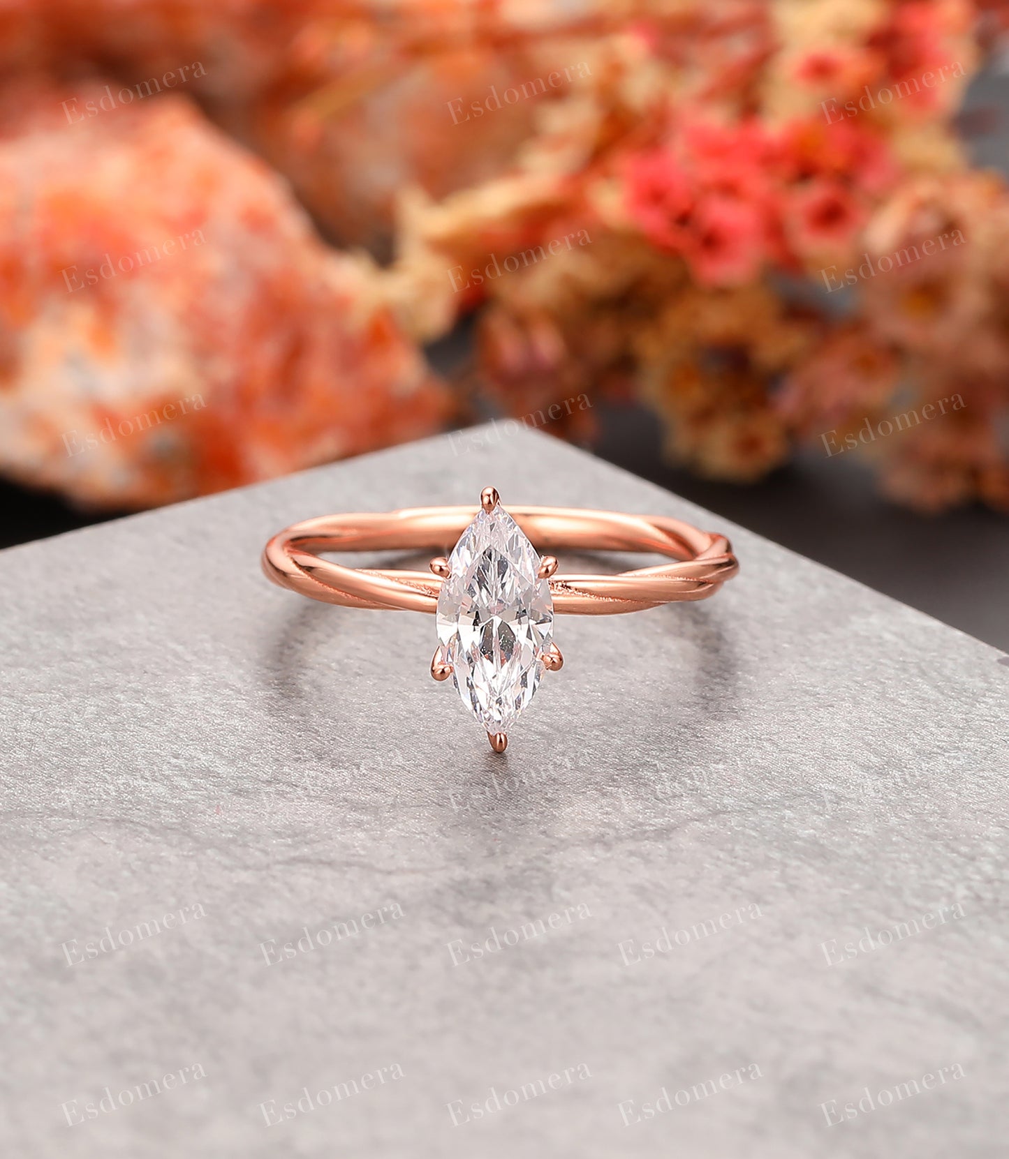 Marquise Cut 5x10mm Moissanite Solitaire Promise Ring, 14k Rose Gold Twist Shank Engagement Ring For Her, Birthday Gift