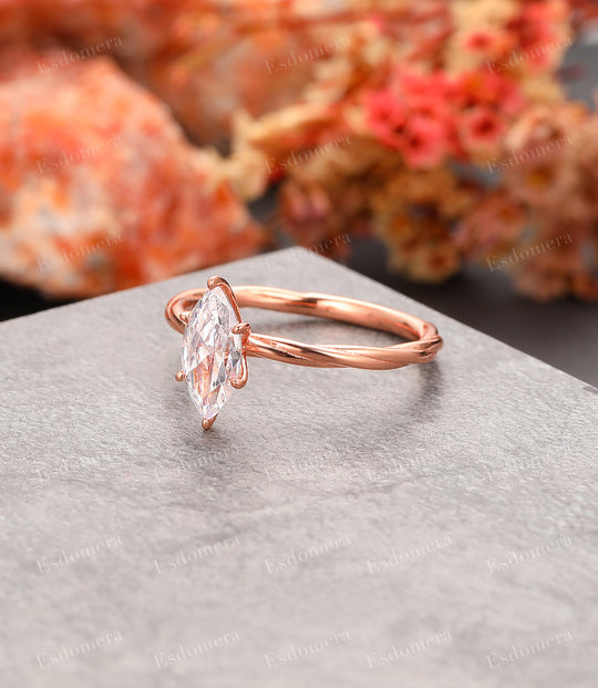Marquise Cut 5x10mm Moissanite Solitaire Promise Ring, 14k Rose Gold Twist Shank Engagement Ring For Her, Birthday Gift