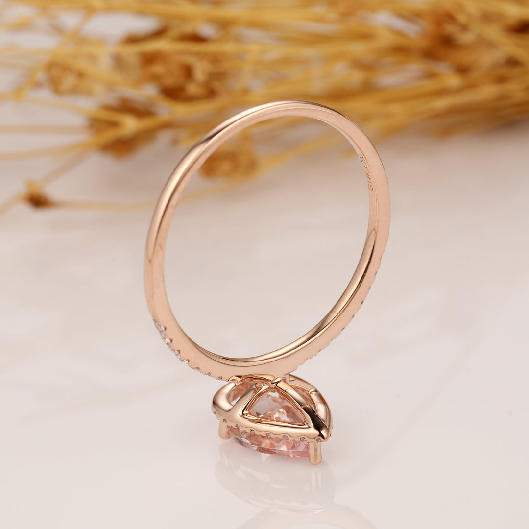 Morganite Engagement Ring 6x9mm Pear Shaped Halo Diamond Wedding Ring