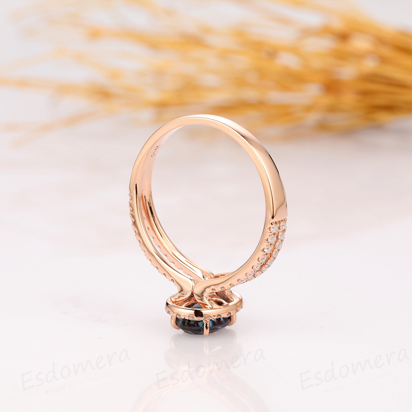 Oval Cut 5x7mm Alexandrite Ring, Halo Design Ring, 14k Rose Gold Ring