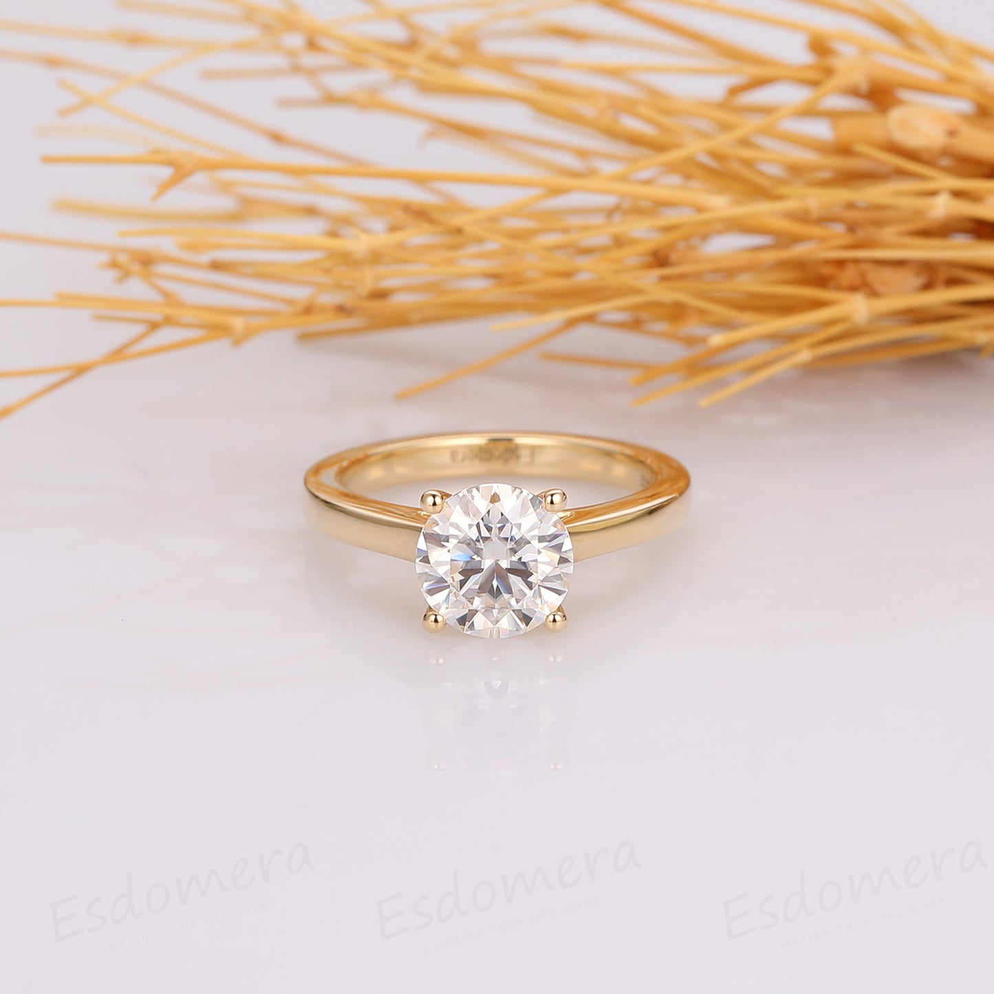 Comfort Fit Engagement Ring, Yellow Gold Simple Solitaire Ring, 1.25CT Round Moissanite Ring