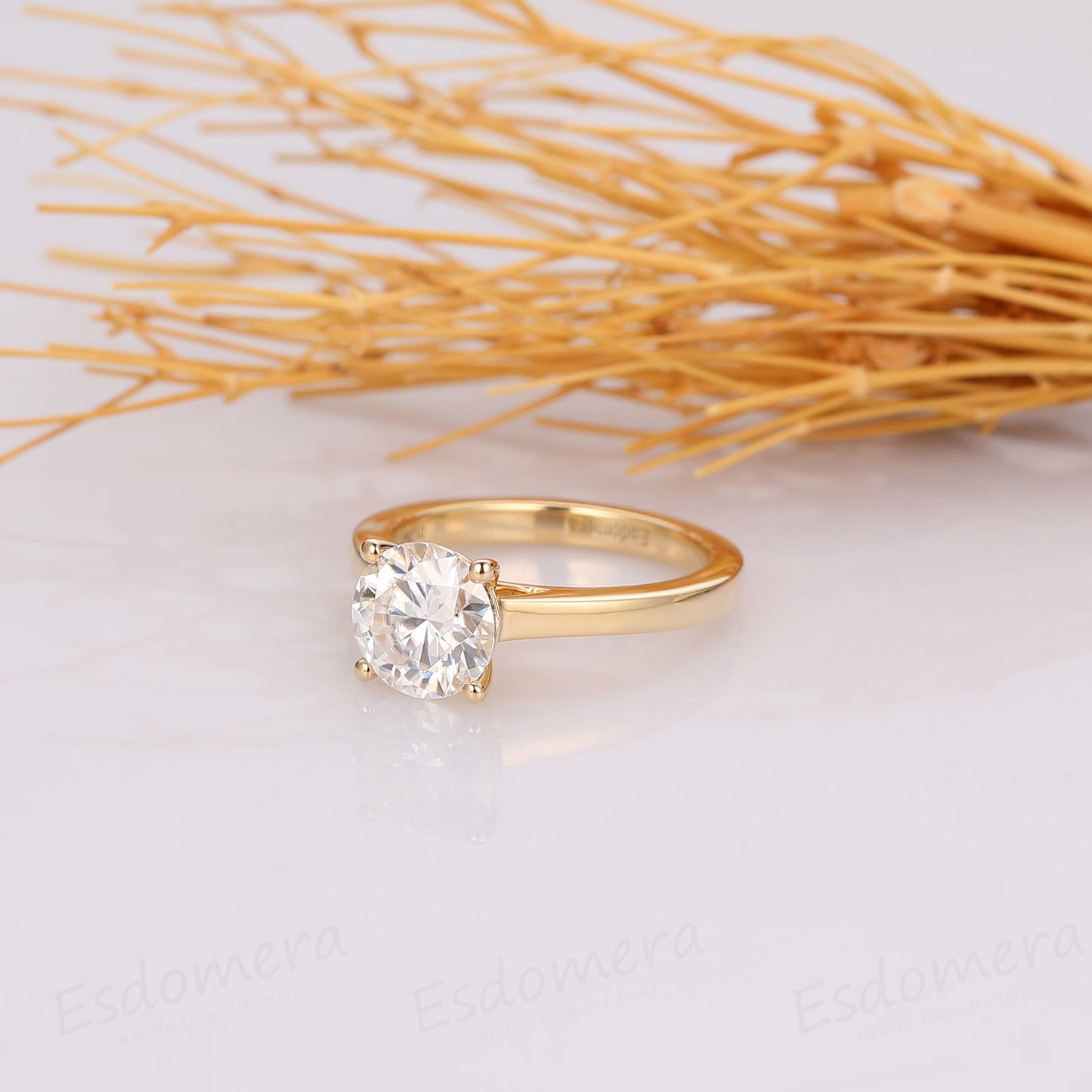 Comfort Fit Engagement Ring, Yellow Gold Simple Solitaire Ring, 1.25CT Round Moissanite Ring